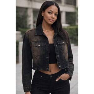 I.AM.GIA Cropped Denim‎ Jacket M Black Acid Wash Grunge Y2K Streetwear Trucker